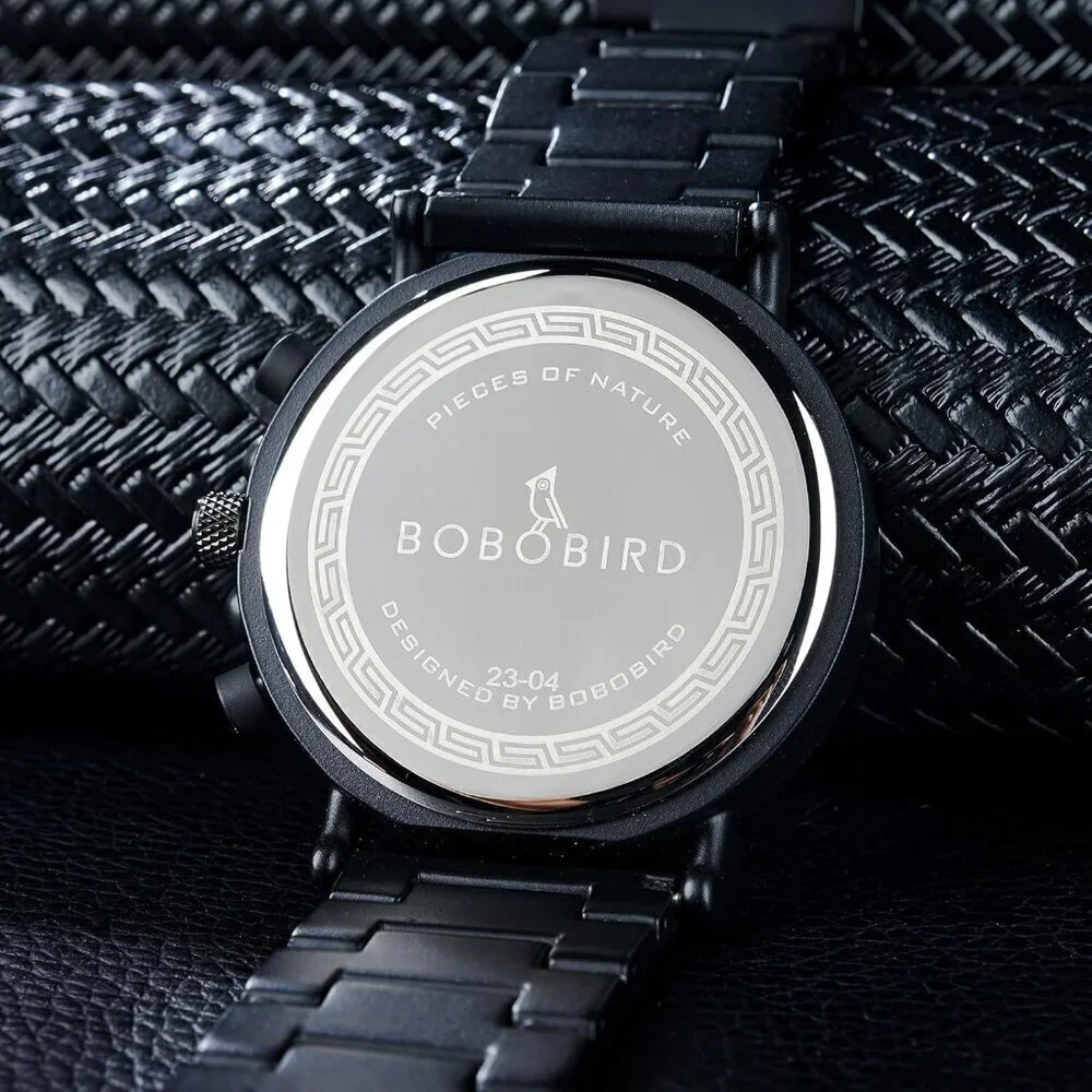 🆕Bobo Bird Quartz Men Black Wood & Stainless Steel Combined Chronograph Watches